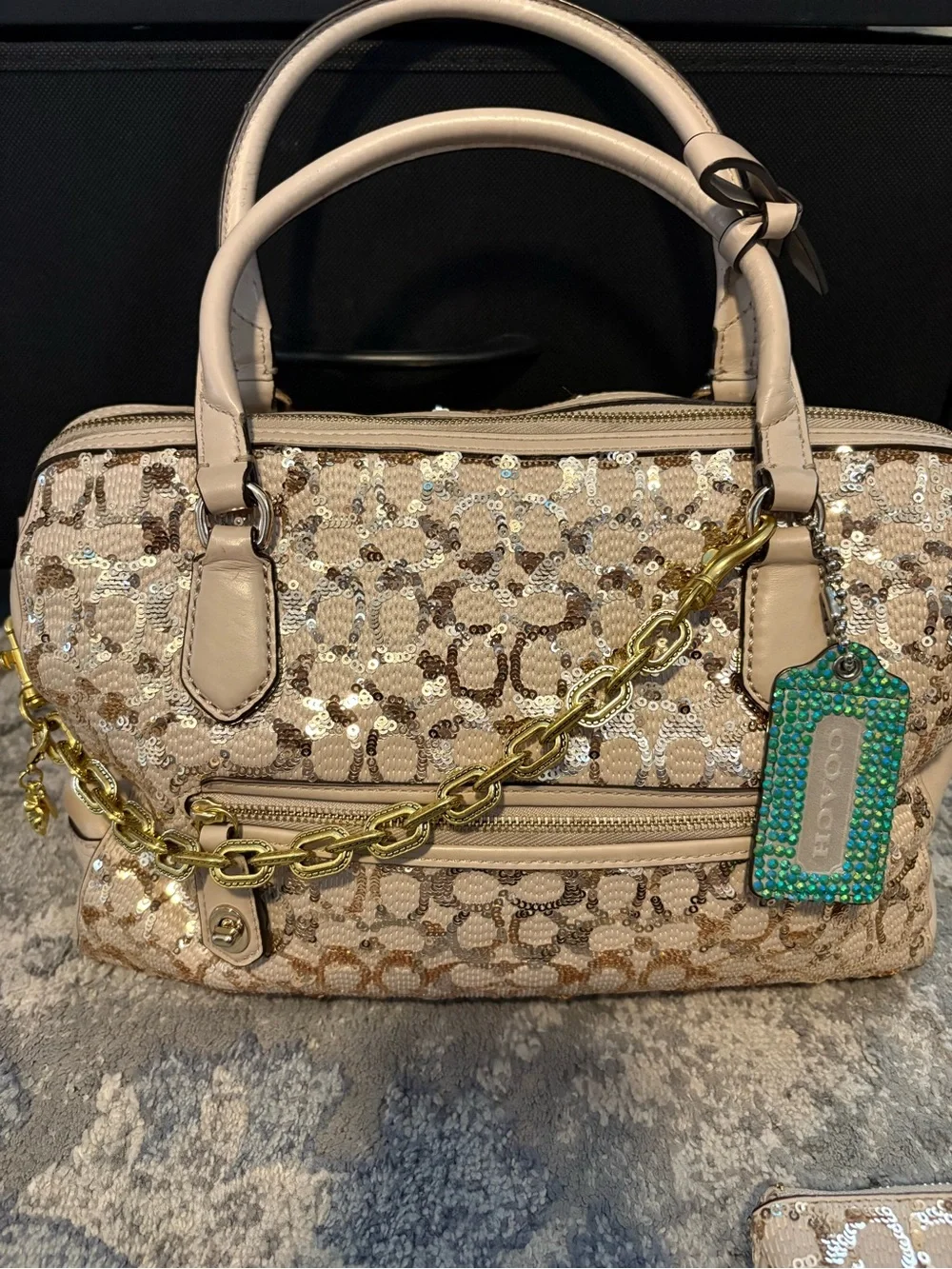 Coach poppy Beige Sequin Logo Satchel with Matching Wristlet